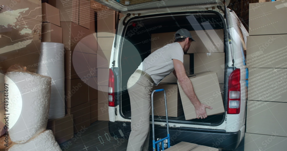 Poster image of data processing over man packing boxes into car