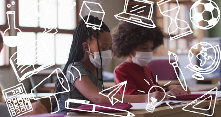 Image of school items icons moving over schoolchildren wearing face masks