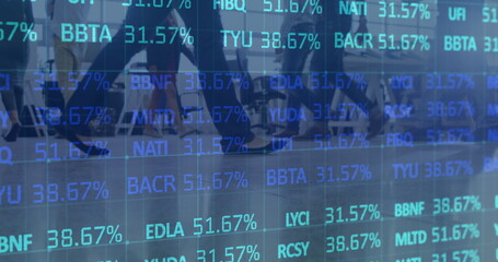 Image of financial data processing over business people walking in modern office