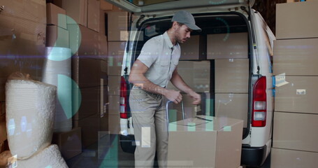 Image of data processing over man packing boxes into car