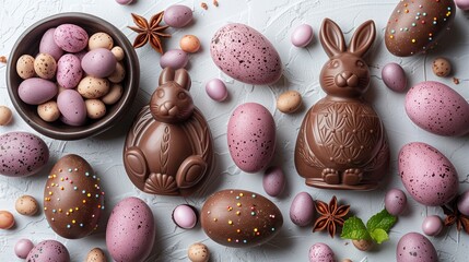Easter chocolate bunny and pastel pink eggs on stone gray background, copy space