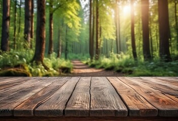 Empty wooden old table against the forest. Nature advertising background with copy space for organic product demonstration