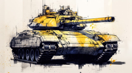 A striking watercolor sketch of a tank with yellow gray lines