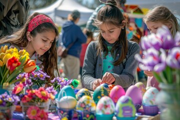 Obraz premium A Colorful Array of Creativity Unfolds at the Egg Decorating Station, Where Families Gather to Celebrate Spring's Arrival at the Fair