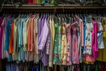 A Colorful Array of Easter Dresses and Suits Hanging Neatly on a Rack, Ready for the Spring Celebration