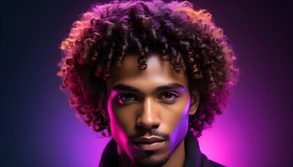 Curly hair men close face portrait on neon background