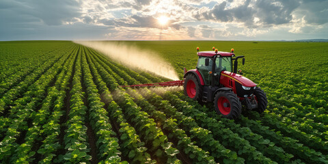 Aerial view of a red tractor fertilizing a vast green field under a cloudy sky at sunset.