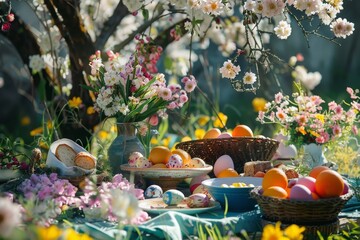 A Joyful Easter Picnic Under the Warm Spring Sun, Surrounded by Blossoming Flowers and Colorful Easter Eggs