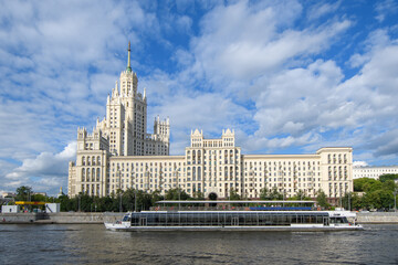 View of the Kotelnicheskaya embankment of the Moscow River. Characteristic architectural structures...