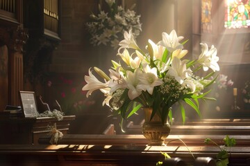 A Serene Easter Morning: The Gentle Embrace of Easter Lilies and Tulips Adorning a Sunlit Church Altar