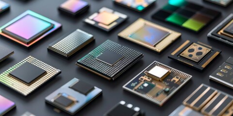 Manufacturing of microchips. Photo of top view of microchips, microcircuits, electronic devices. Contemporary technologies, sci-fi style, electronics, scientific fiction, future developments, flat lay