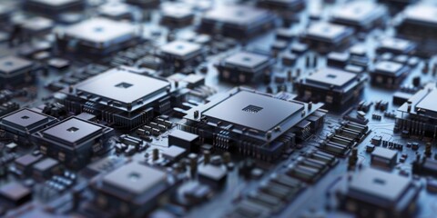 Manufacturing of microchips. Photo of top view of microchips, microcircuits, electronic devices. Contemporary technologies, sci-fi style, electronics, scientific fiction, future developments, flat lay
