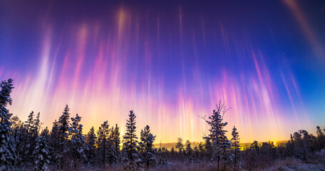 Beautiful colorful light pillars at night over the city