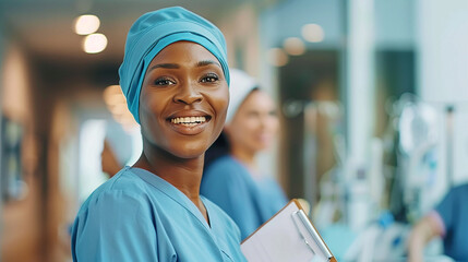 
Enfermeiras Unidas, Promovendo a Diversidade e Promovendo o Empoderamento Inclusivo das Mulheres no Local de Trabalho, contexto hospitalar desfocado - obrazy, fototapety, plakaty