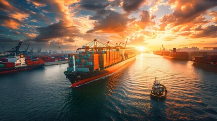 Optimizing Worldwide Shipping Operations in a Busy Commercial Seaport. Concept Shipping Logistics, Supply Chain Management, Port Operations, International Trade, Efficiency Strategies - obrazy, fototapety, plakaty