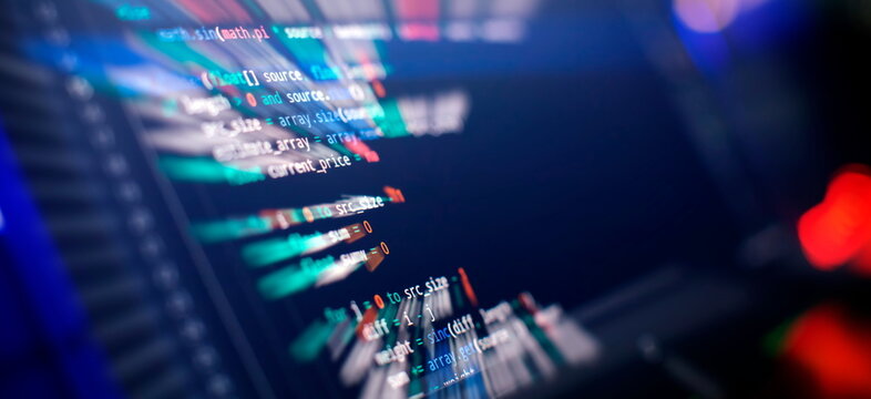 Coding script text on screen. Notebook closeup photo. Running Computer data programming.