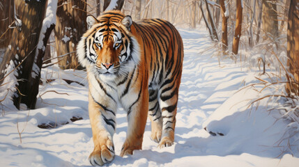 A beautiful Wild Siberian tiger is walking on a snowy road among snow-filled trees created with Generative AI Technology