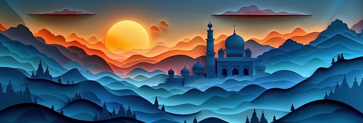 View of the mosque at sunrise against the background of mountains - obrazy, fototapety, plakaty