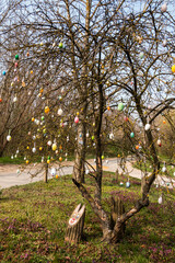 Easter eggs on the tree at the crossroads in the spring sunshine