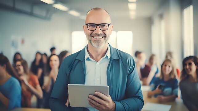 Confident male teacher holding a tablet in a classroom - Powered by Adobe