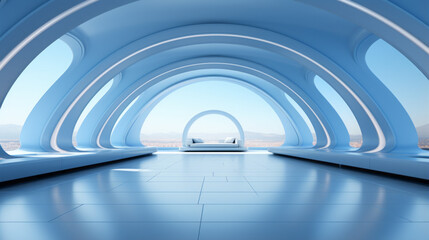 Futuristic Urban Architecture: City Tunnel Interior Corridor Glass Hall Station Subway Business Building Light Bridge Perspective Steel Airport Walkway Pedestrian, generative AI