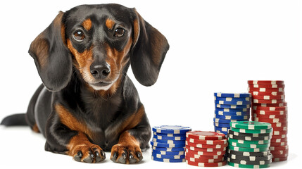 dachshund rico  com fichas de cassino, fundo branco