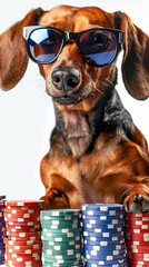 dachshund rico  com fichas de cassino, fundo branco - obrazy, fototapety, plakaty