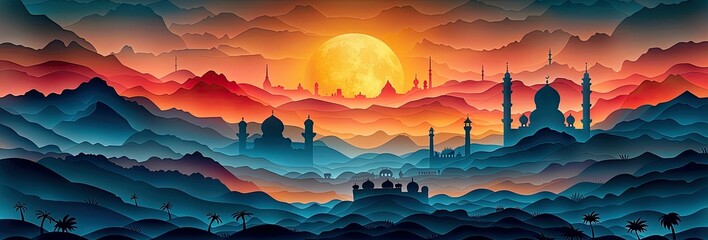 The silhouette of a mosque in the mountains at sunset. The concept of celebrating Ramadan