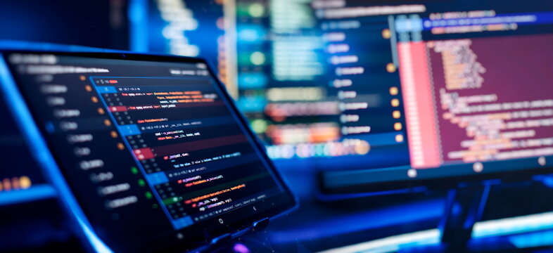 Running Computer data programming. Coding script text on screen. Notebook closeup photo.