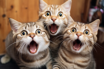 Fototapeta na wymiar Trio of Astonishment: Three Amazed Cats with Wide-Eyed Wonder