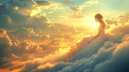 A woman sits among the clouds, consciousness, and openness concept - obrazy, fototapety, plakaty