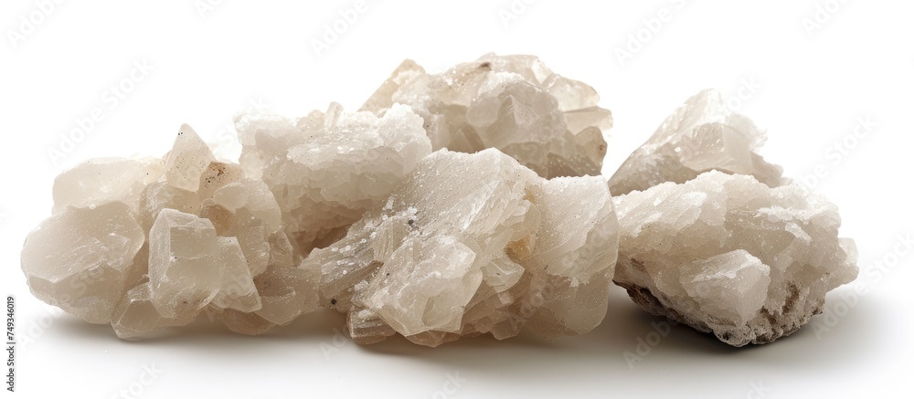 Poster a collection of white rocks stacked on a flat white surface, creating a stark contrast in texture an