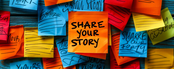 Encouraging SHARE YOUR STORY handwritten message on a bright orange sticky note over a pile of colorful notes on a wooden background