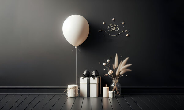 Birthday gift box and balloons with photo frame