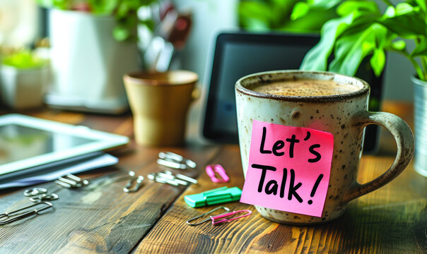Inviting Workplace Concept with Let's Talk! Message on Pink Sticky Note, Coffee, Tablet, and Paper Clips on Wooden Desk