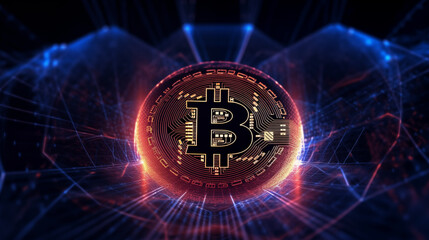 a close-up of a digital bitcoin coin with intricate circuitry patterns