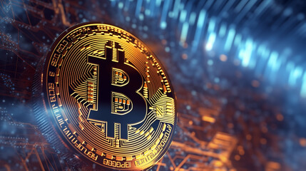 a close-up of a digital bitcoin coin with intricate circuitry patterns