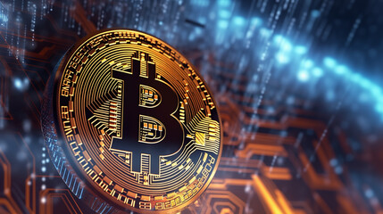 a close-up of a digital bitcoin coin with intricate circuitry patterns