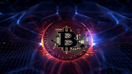 a close-up of a digital bitcoin coin with intricate circuitry patterns