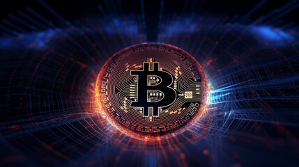 a close-up of a digital bitcoin coin with intricate circuitry patterns