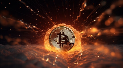 a surreal scene set in a virtual reality world where gigantic bitcoins float in a cosmic space