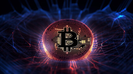 a close-up of a digital bitcoin coin with intricate circuitry patterns