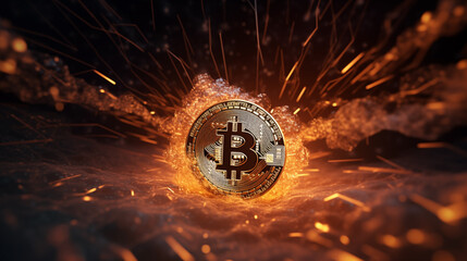 a surreal scene set in a virtual reality world where gigantic bitcoins float in a cosmic space