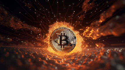 a surreal scene set in a virtual reality world where gigantic bitcoins float in a cosmic space