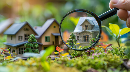 Searching for house and property with magnifying glass real estate investments, generative ai - obrazy, fototapety, plakaty