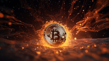 a surreal scene set in a virtual reality world where gigantic bitcoins float in a cosmic space