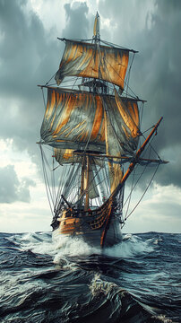 Pirate vessel cruising the sea, a vintage wooden sailboat rendered in three-dimensional illustration, under stormy skies