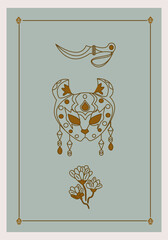 Esoteric poster Golden lynx mask, mystic flower with three branches, druid sickle on green background. Boho style vector outline illustration.