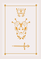 Esoteric poster Girl with magical amulets, crown and branches, golden sword on white background Boho style vector outline illustration.