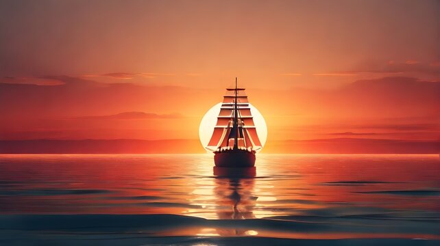 A lonely yacht or ship with three sails is sailing on the sea waves at sunset. Dinner cruise on a yachet. Seascape, logo, wallpaper concept